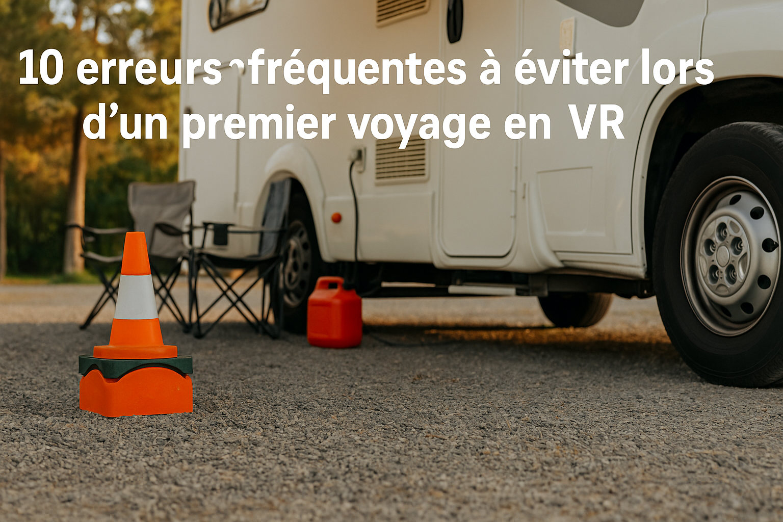 VR stationné sur un terrain de camping avec chaises et cône de sécurité, illustrant un premier voyage en VR.