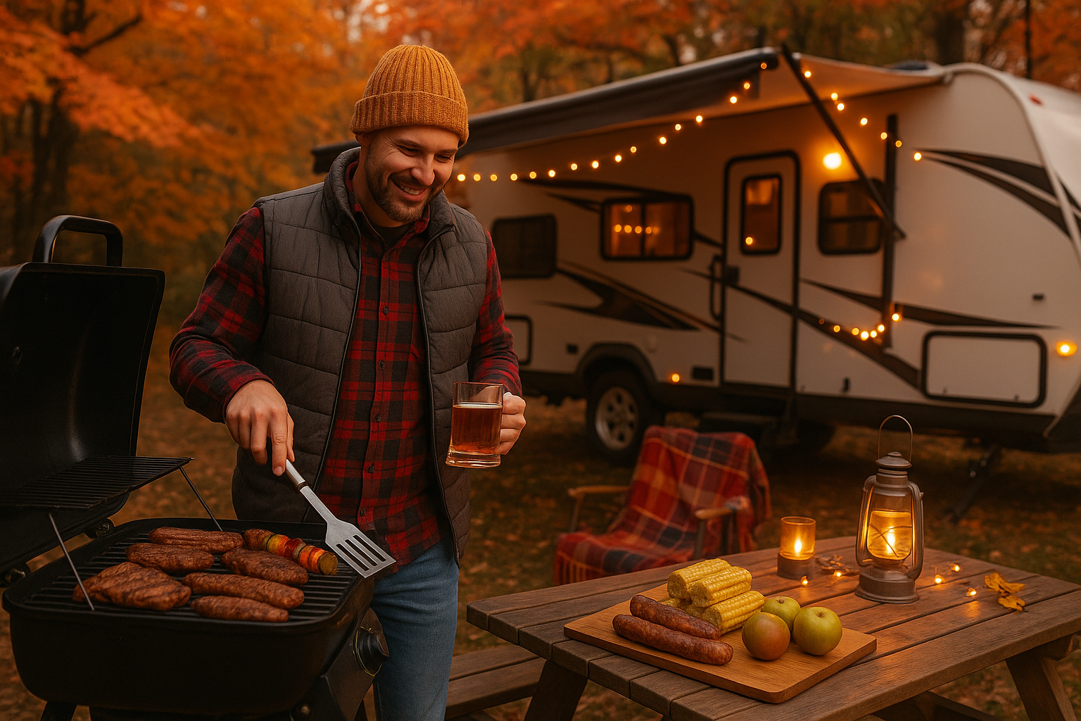 Homme faisant un barbecue d’automne devant son VR avec des décorations chaleureuses, lanternes et nourriture sur la table.