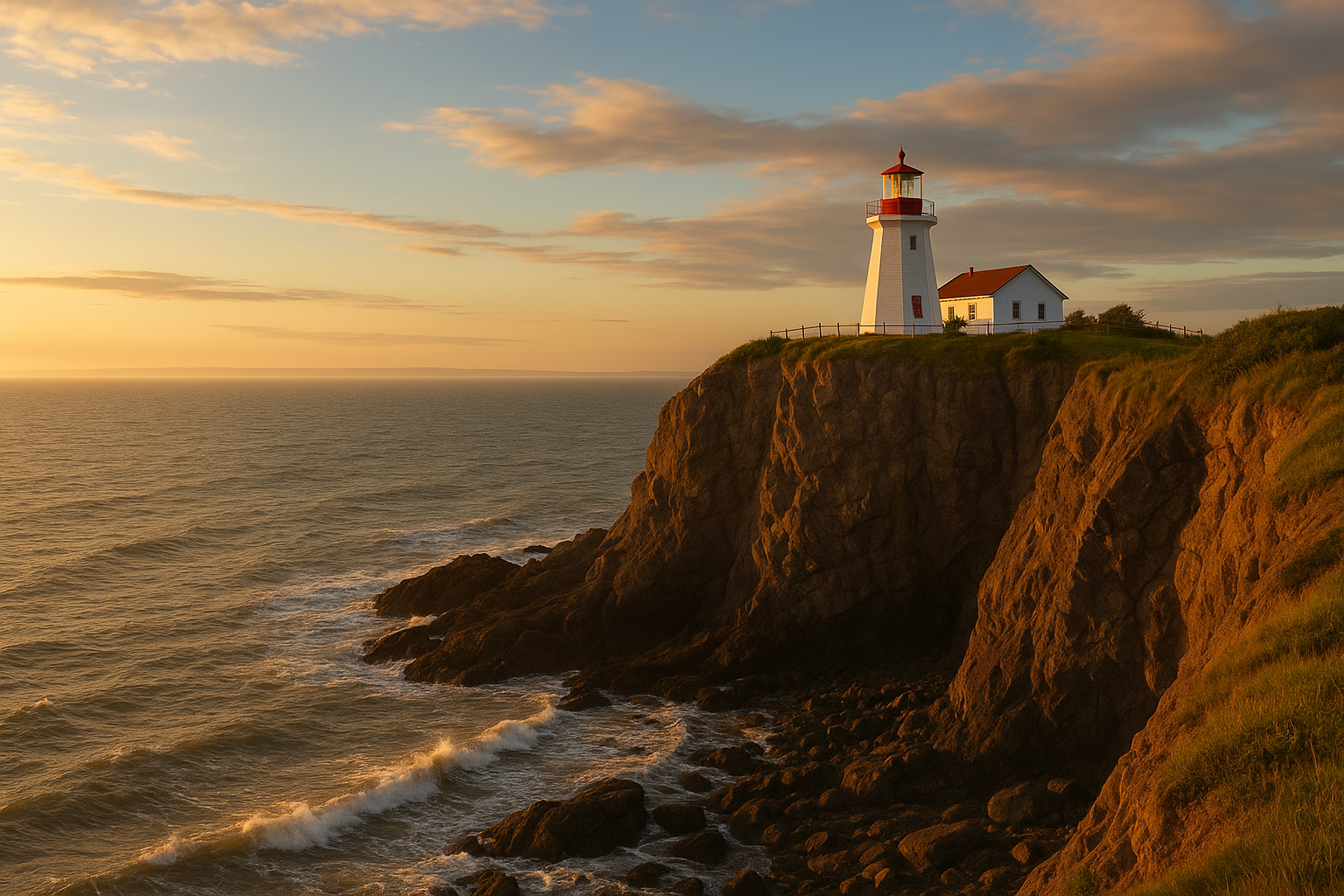 Cape Enrage au Nouveau-Brunswick, phare sur une falaise abrupte avec vue sur la baie de Fundy au coucher du soleil. Parfait pour illustrer une destination VR.