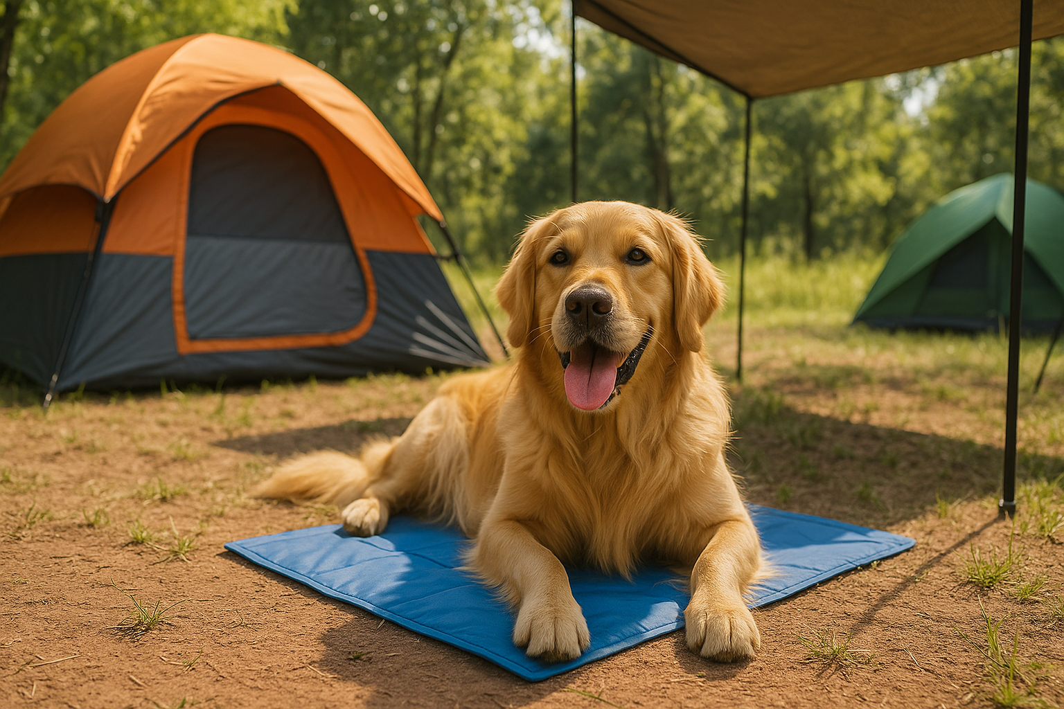 Chien allongé sur un tapis rafraîchissant à l’ombre dans un camping d’été, montrant comment garder son chien au frais pendant les journées chaudes.