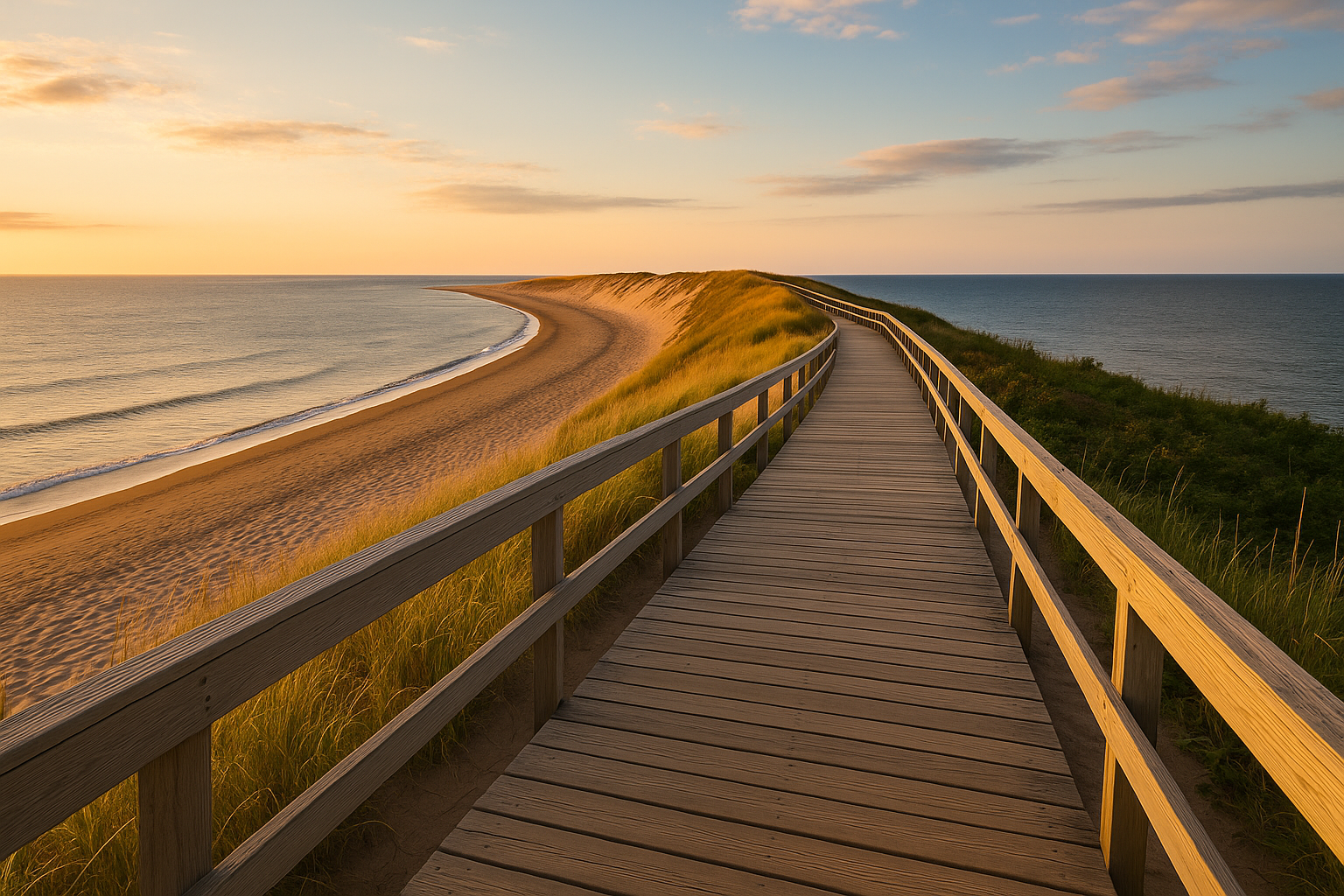 Les Dunes de Bouctouche au Nouveau-Brunswick, sentier de bois sur pilotis longeant la dune et vue sur la plage dorée du golfe du Saint-Laurent au coucher du soleil.