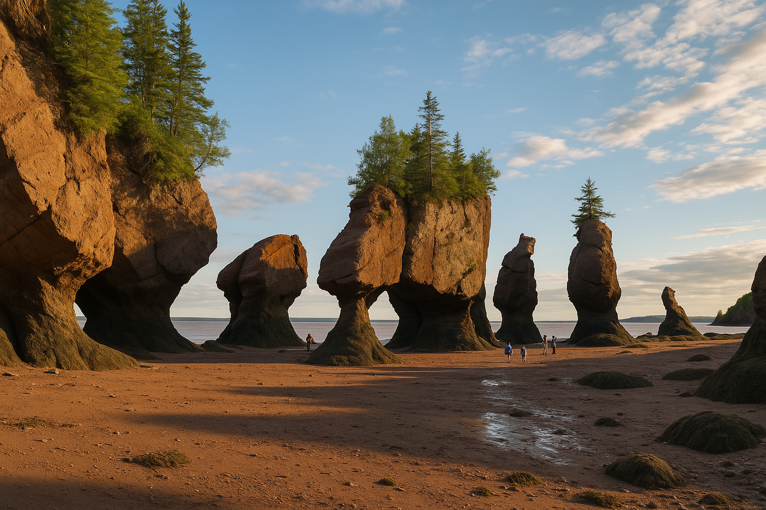 Intérieur de Hopewell Rocks au Nouveau-Brunswick, formations rocheuses géantes et plage à marée basse sous un ciel clair. Parfait pour illustrer une destination VR.
