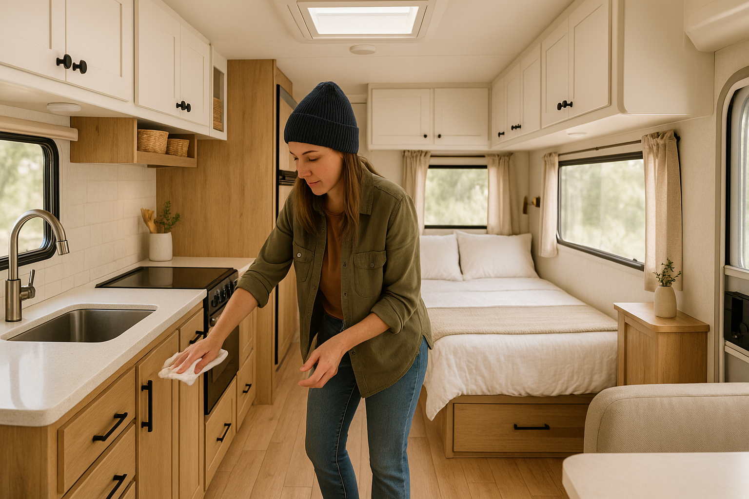 Intérieur de VR moderne et lumineux avec plancher en bois clair, cuisine rangée et lit bien fait; une campeuse effectue un léger nettoyage dans une ambiance chaleureuse et naturelle.