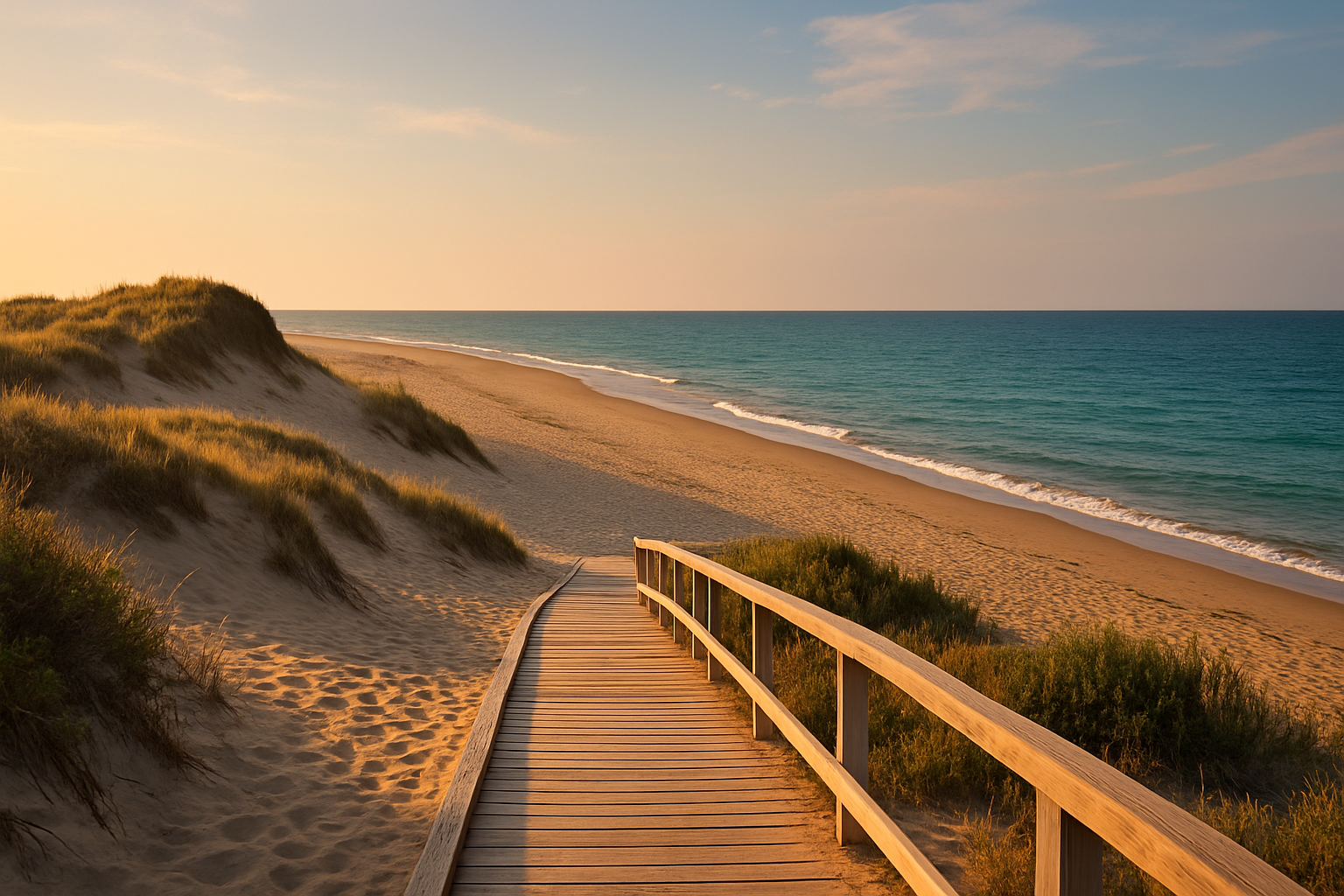 Plage Kellys à Kouchibouguac, dunes dorées et eau turquoise sous un ciel clair. Paysage côtier naturel parfait pour une destination VR au Nouveau-Brunswick.