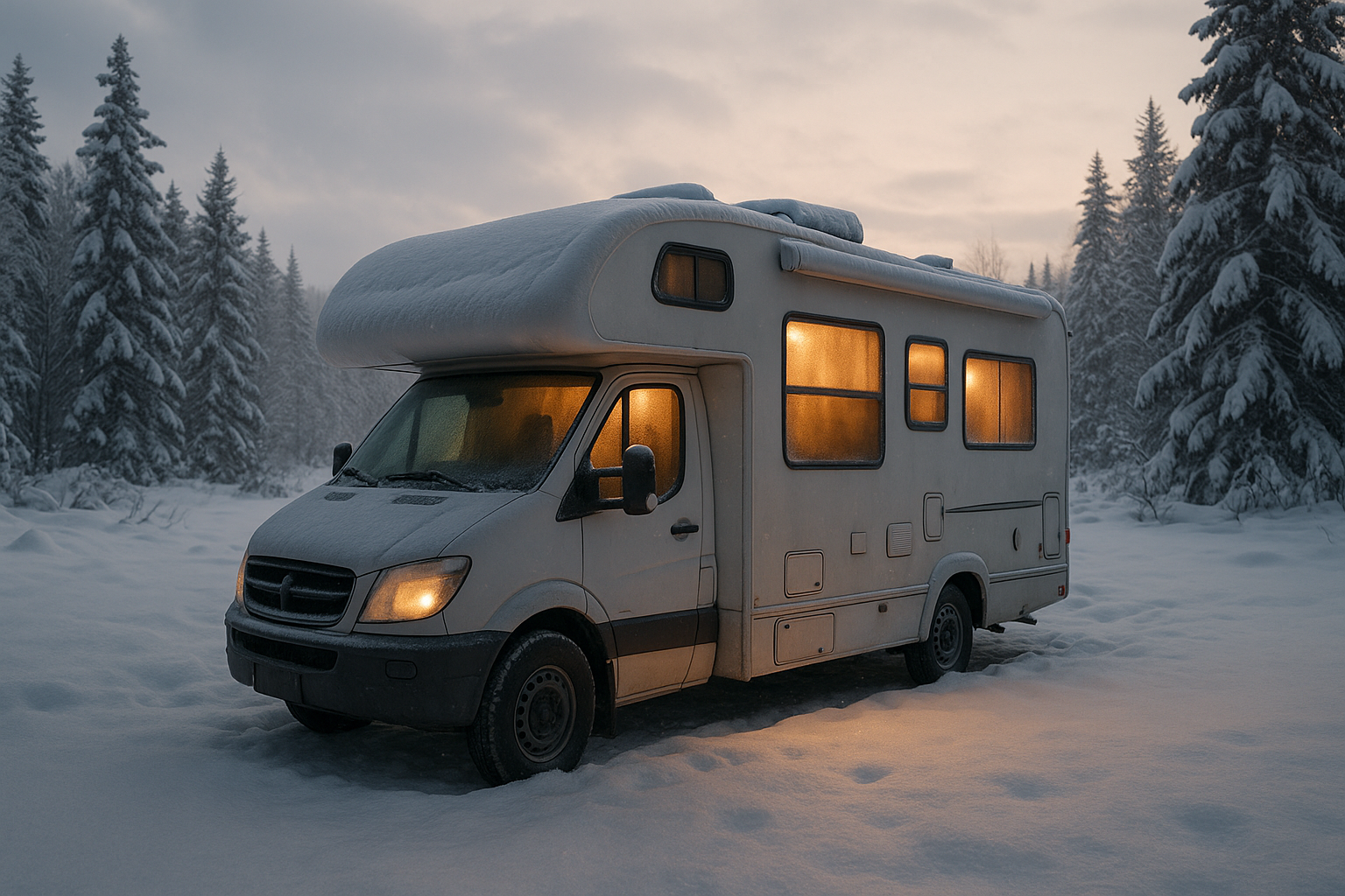 VR stationné en hiver dans un paysage enneigé au Québec, avec lumière chaude à l’intérieur et ambiance cosy dans une forêt recouverte de neige.