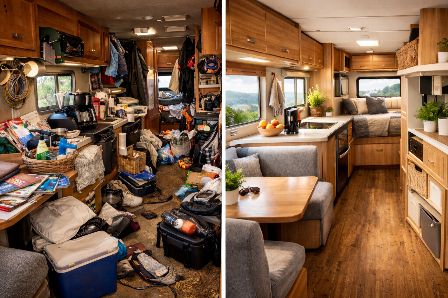 Avant et après désencombrement de l’intérieur d’un camping-car pour un espace plus organisé.