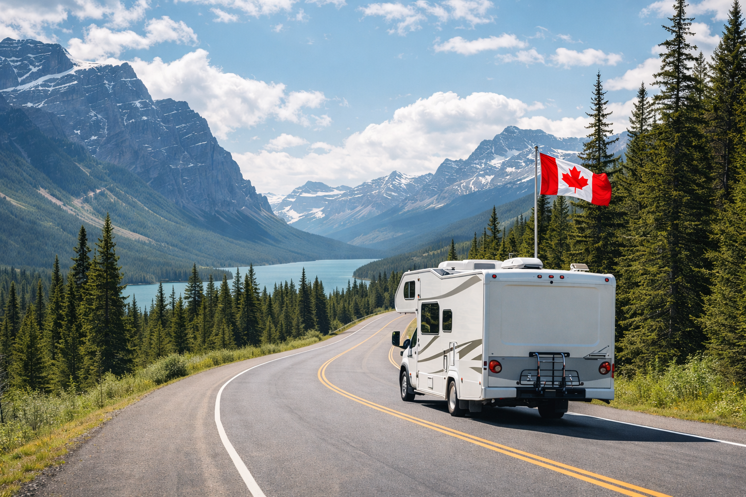 VR motorisé roulant sur une route panoramique vers une destination VR facile au Canada