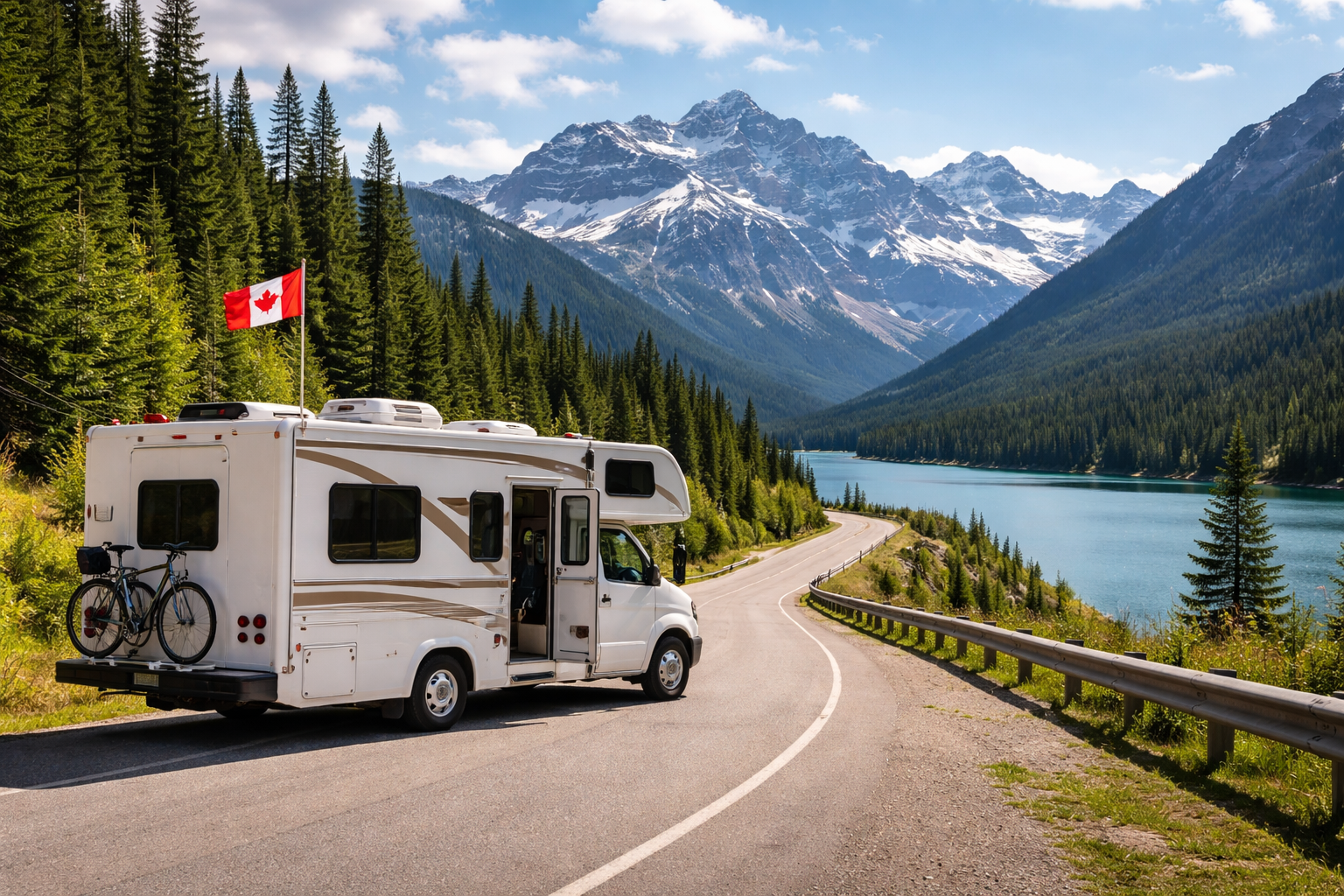VR stationné sur une route panoramique au Canada avec montagnes et lac