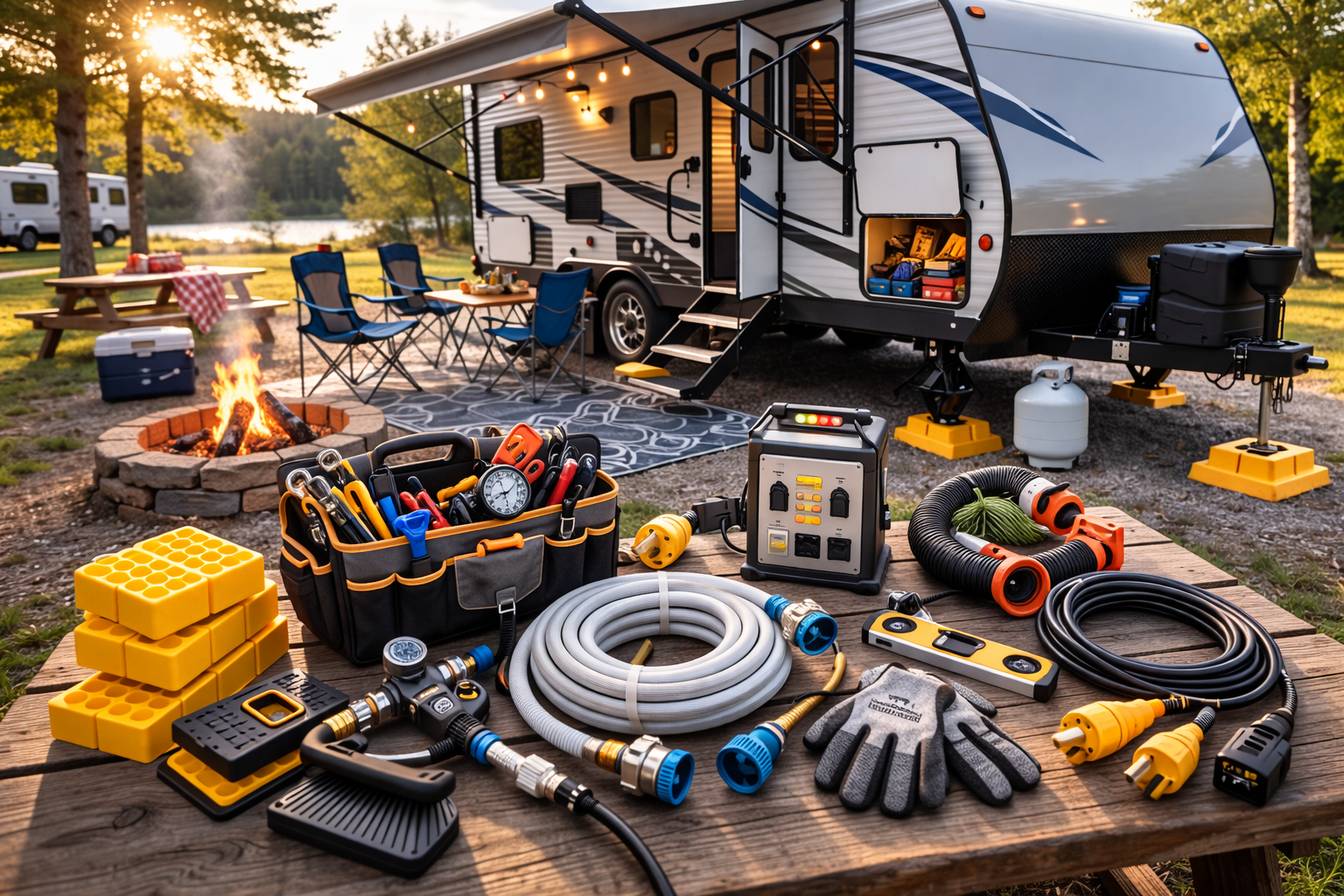 Accessoires pour débuter en roulotte installés devant une roulotte au camping