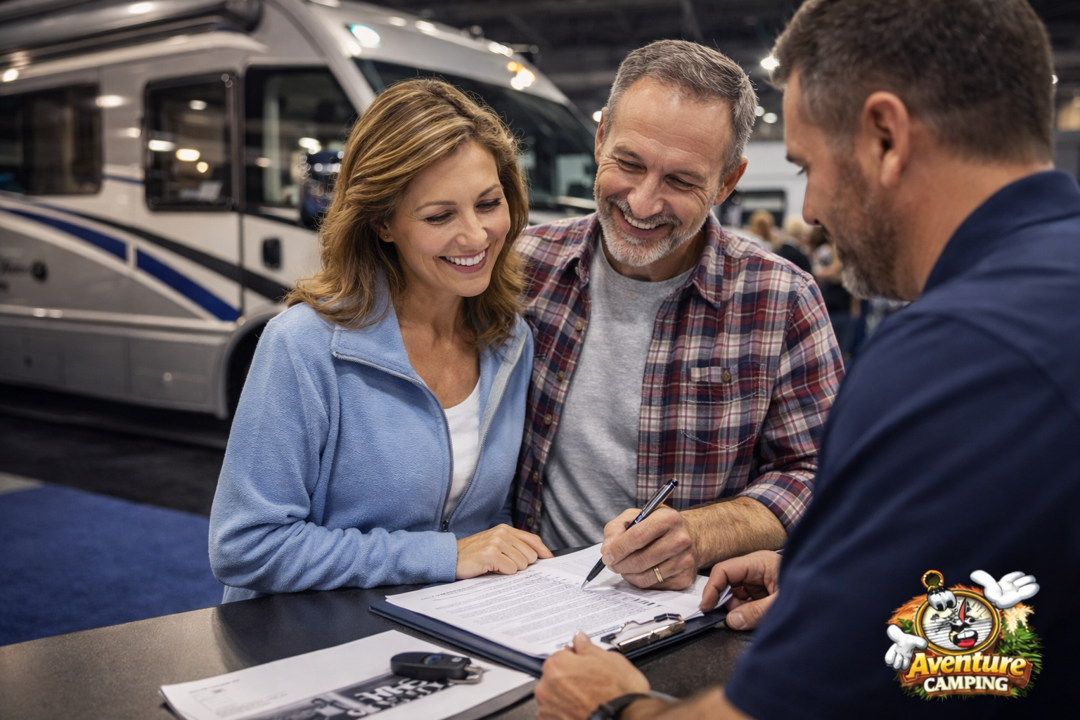 Couple signant un contrat pour acheter son VR au Salon devant un motorisé