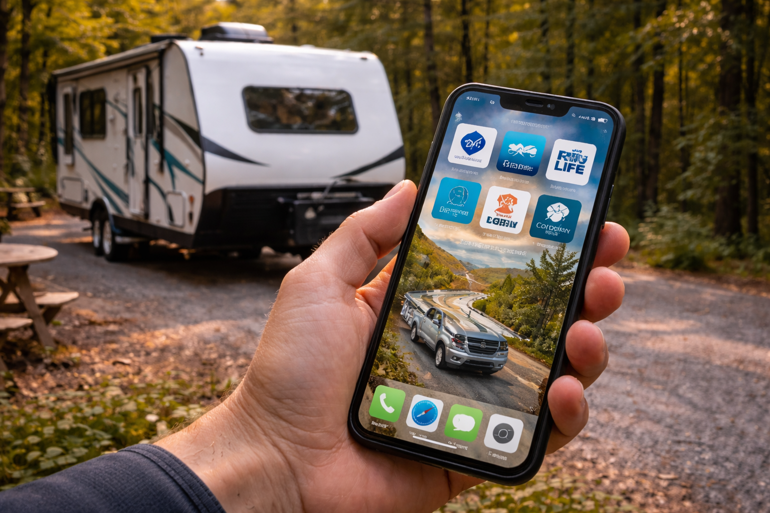 Applications pour voyager en VR affichées sur un téléphone devant une roulotte au coucher du soleil