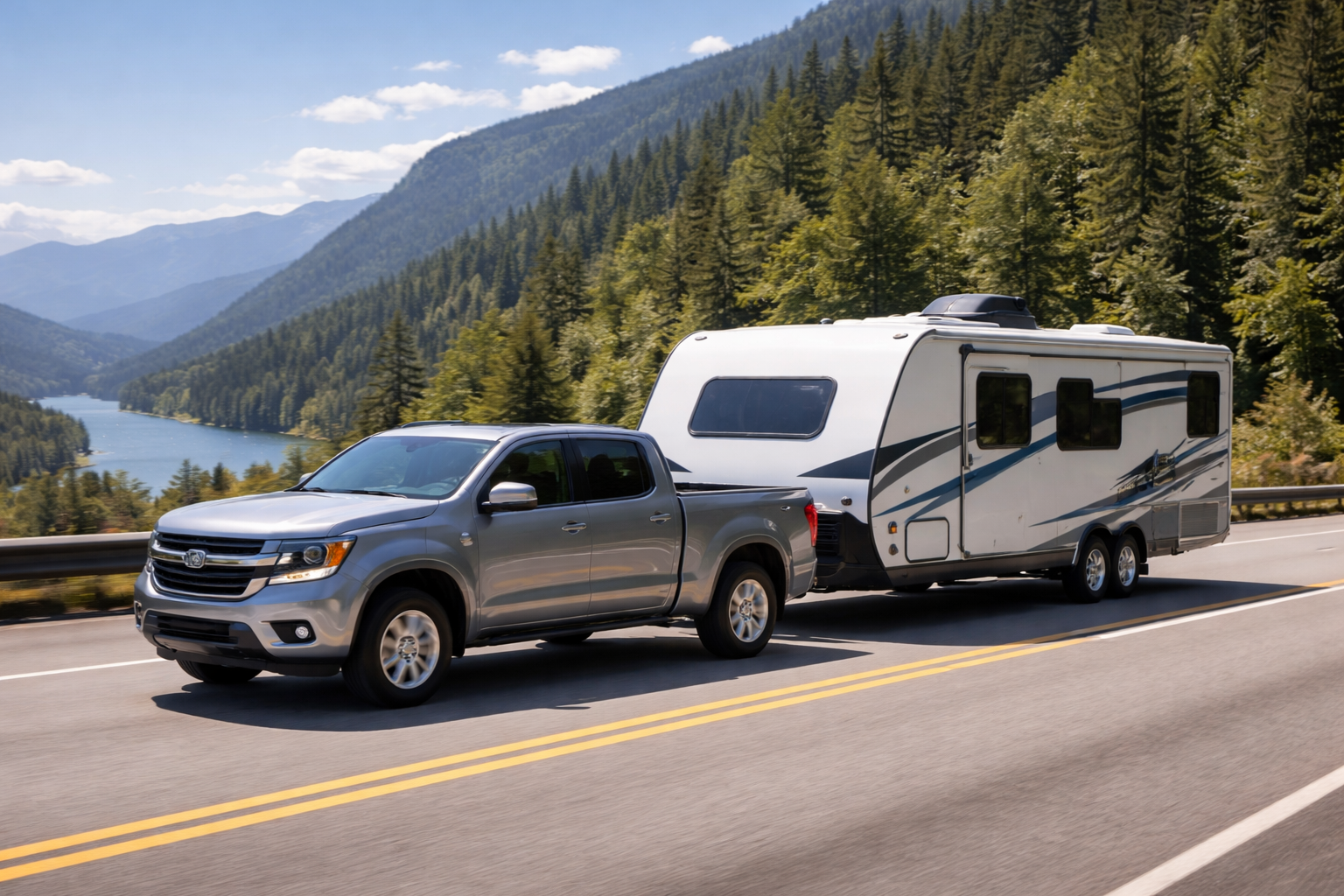Conduire une roulotte tractée par un camion sur une route panoramique au Canada