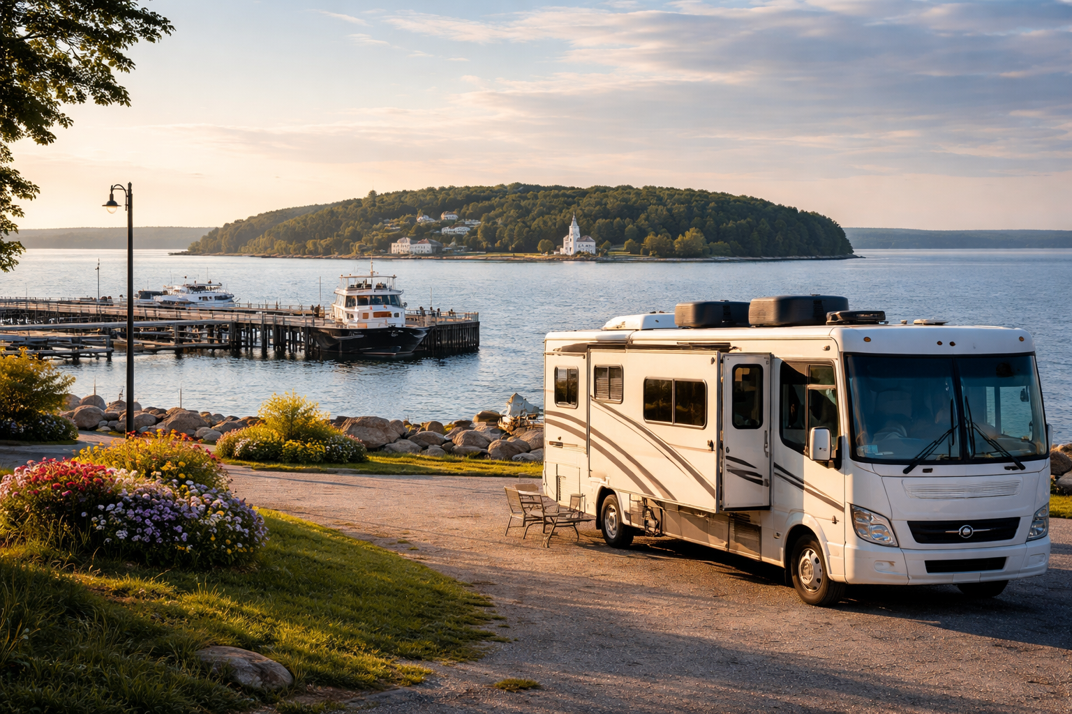 Motorisé stationné près du quai de Berthier-sur-Mer avec vue sur la Grosse-Île et le fleuve Saint-Laurent