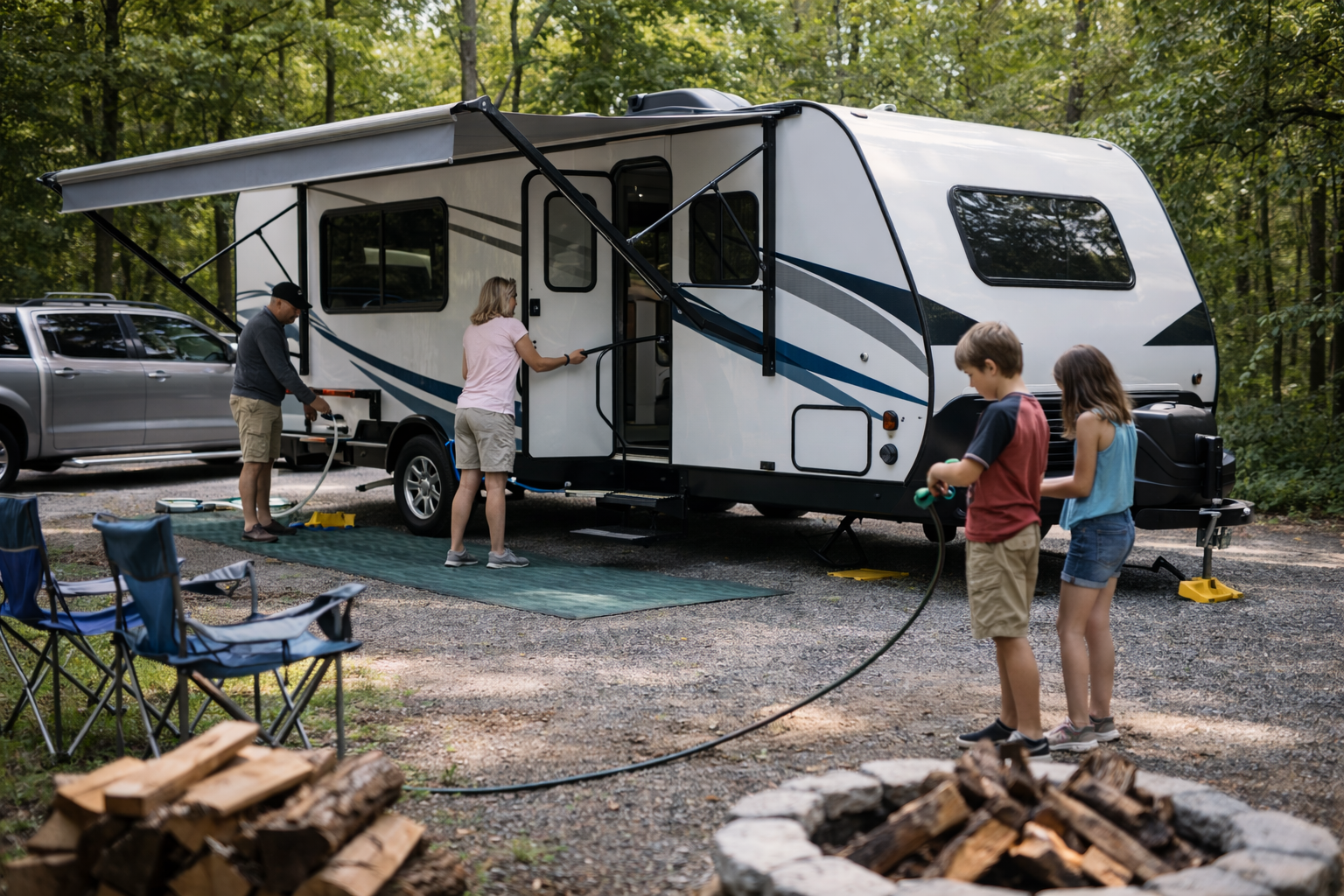 Famille installant une roulotte lors de son premier séjour en roulotte dans un camping