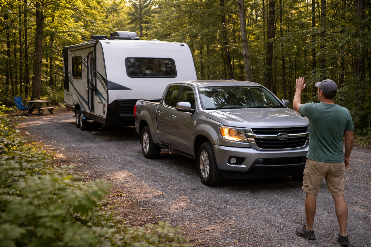 Reculer une roulotte dans un camping avec un guide à l’arrière pour aider à la manœuvre