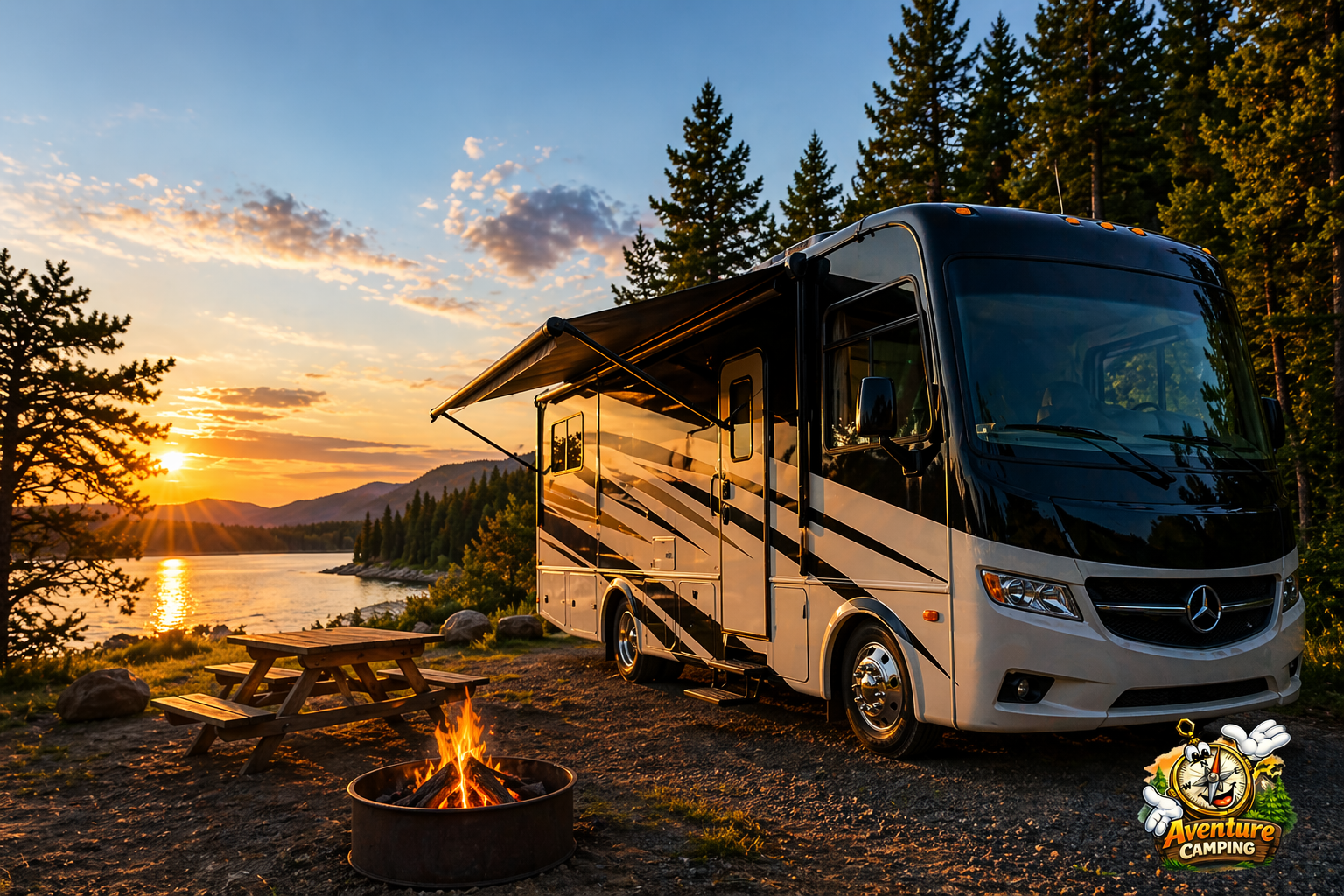 Motorisé stationné gratuitement au bord d’un lac au Québec au coucher du soleil