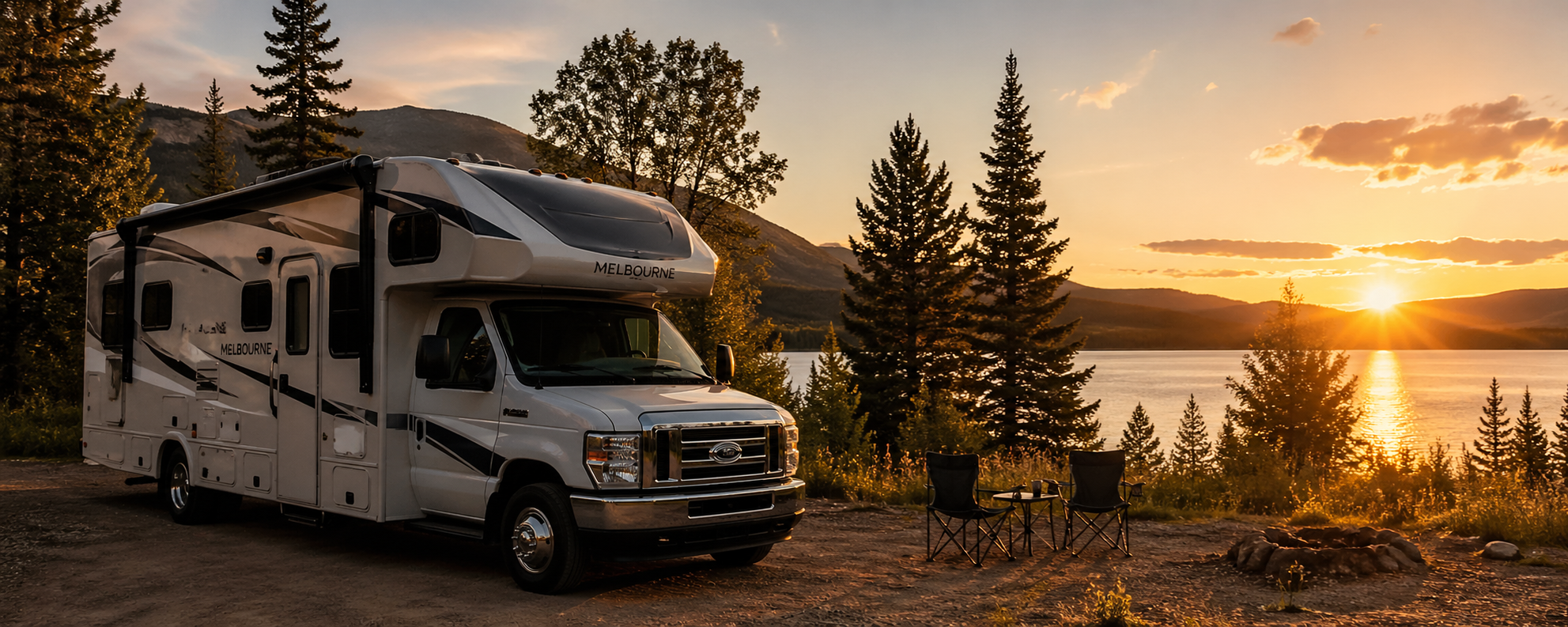 Motorisé VR stationné au bord d’un lac au Québec au coucher du soleil lors d’un voyage sans réservation