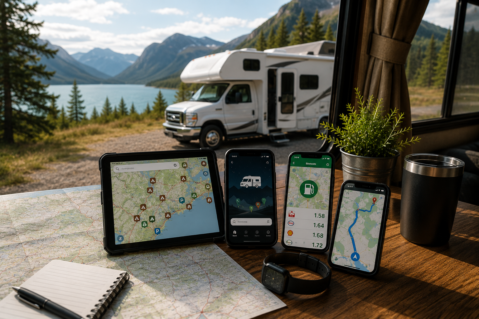 Applications VR ouvertes sur tablette et téléphone avec un motorisé stationné devant un lac en montagne pour planifier un voyage en VR en 2026