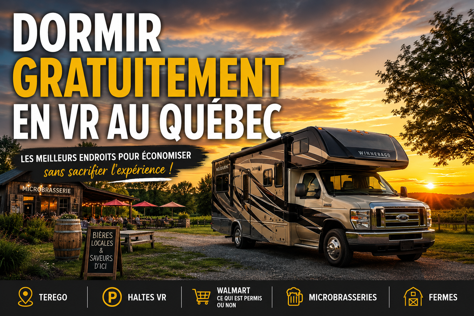 Motorisé stationné devant une microbrasserie au coucher du soleil pour illustrer où dormir gratuitement en VR au Québec
