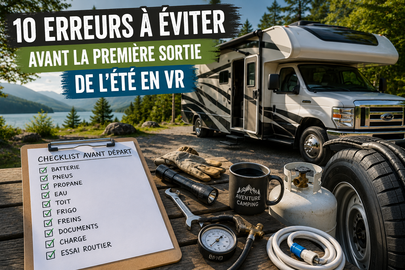 Checklist de préparation pour une sortie en VR avec pneus, propane, outils et motorisé stationné au bord d’un lac avant la première sortie de l’été