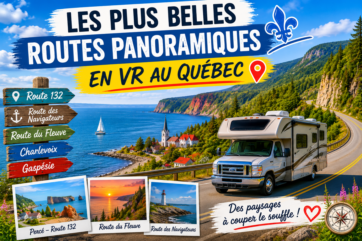 Motorisé roulant sur une route panoramique au Québec avec vue sur le fleuve Saint-Laurent et paysages de Charlevoix pour illustrer les routes panoramiques VR Québec