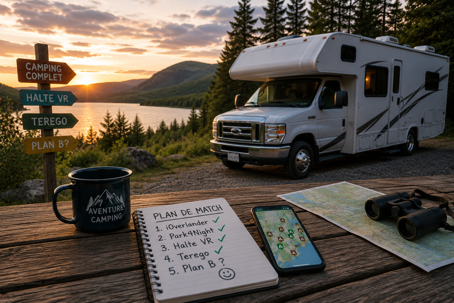 Motorisé stationné au bord d’un lac avec carte, téléphone et carnet de route pour illustrer le voyage en VR sans réservation