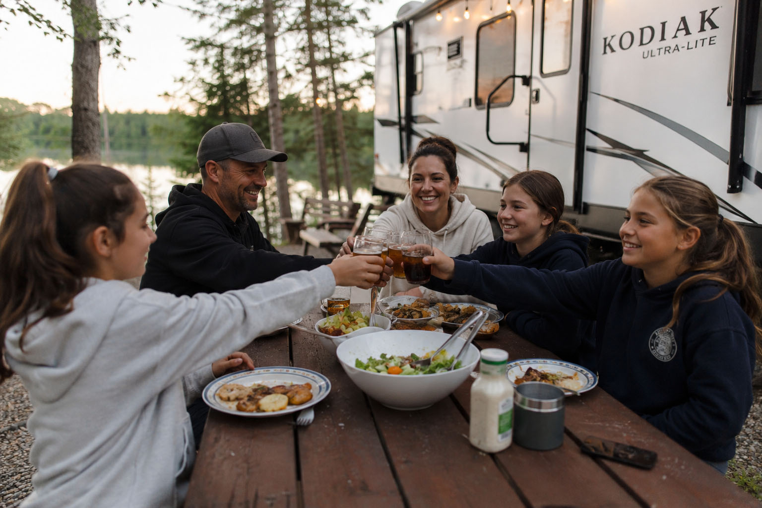 Famille participant à un souper presque parfait camping autour d'une table extérieure devant un VR au Québec.