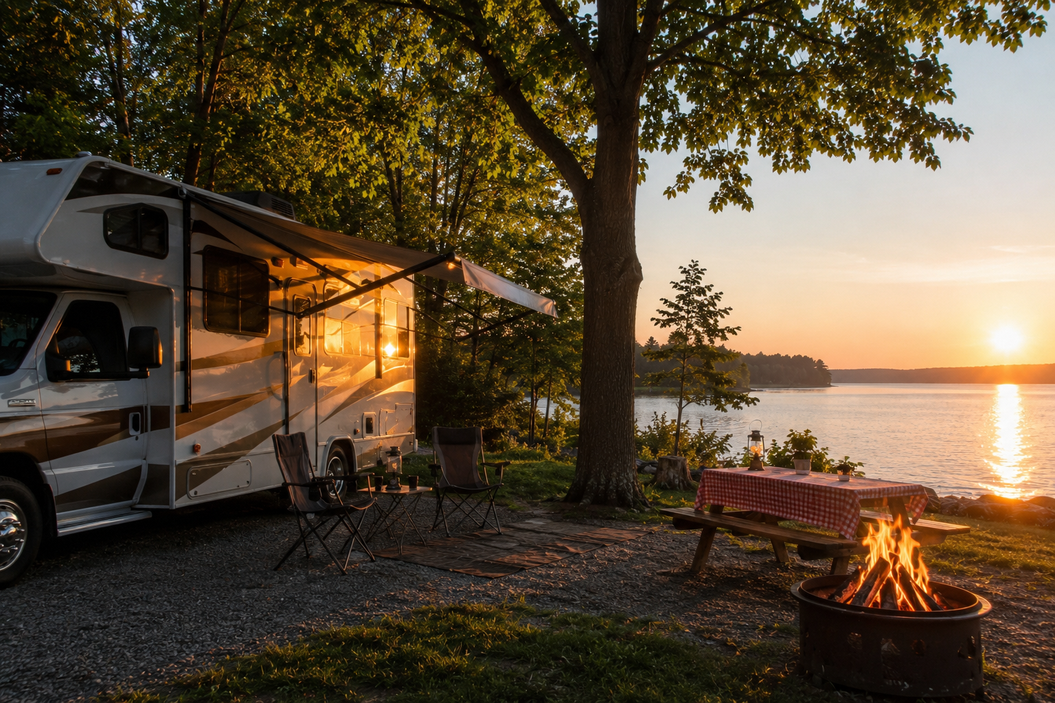 Vacances de la construction en VR au Québec avec un motorisé au bord d'un lac au coucher du soleil